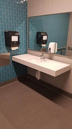 gender inclulsive restroom moore hall sink and mirror